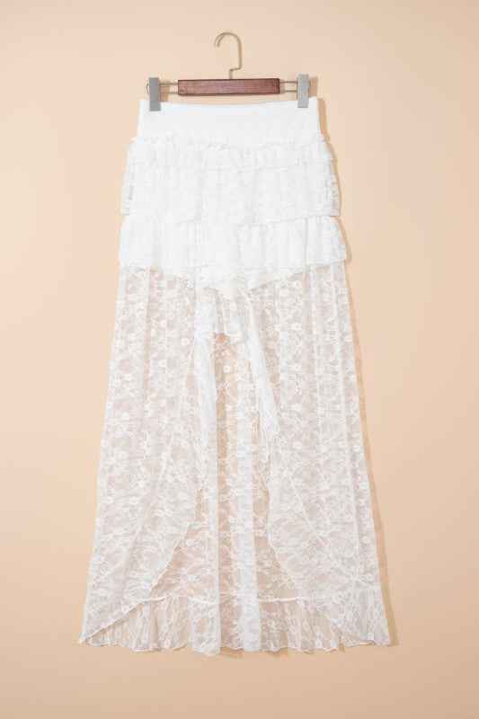 Sheer Lace Ruffle Tiered High-Low Skirt