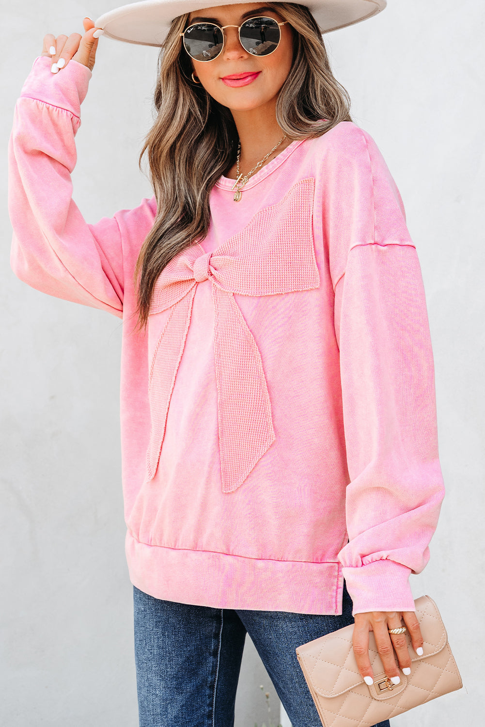 Bright Pink Mineral Wash Big Bow Patchwork Pullover Sweatshirt Dear-Lover Dropshipping
