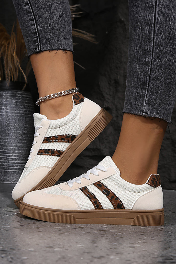 White Textured Woven PU Leather Leopard Patchwork Flat Sneakers Dear-Lover Dropshipping