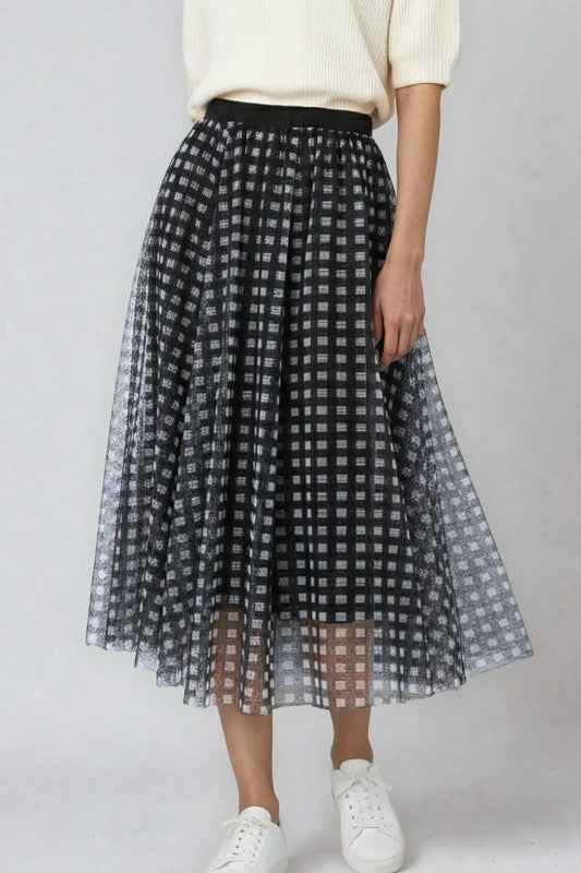 Plaid Tulle Midi Skirt