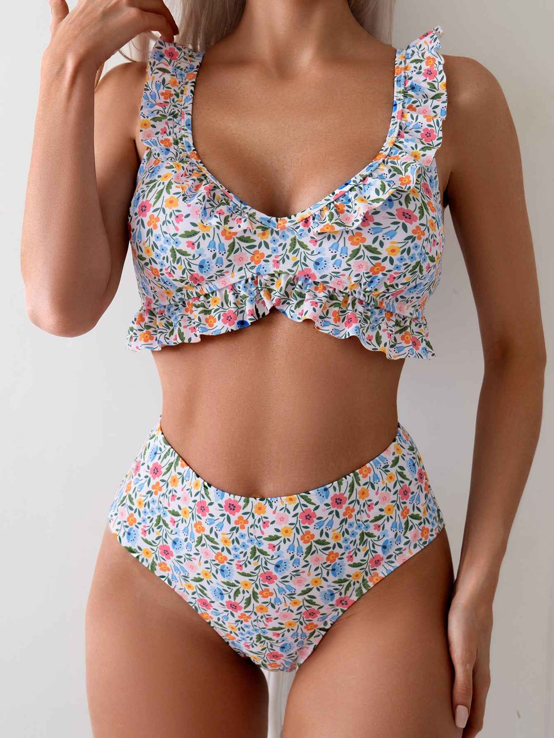 Women's Ditsy Floral Ruffle Bikini Set, V-Neck Ruffle Top & High Waist Bottom, 2 Piece Cute Swimsuit