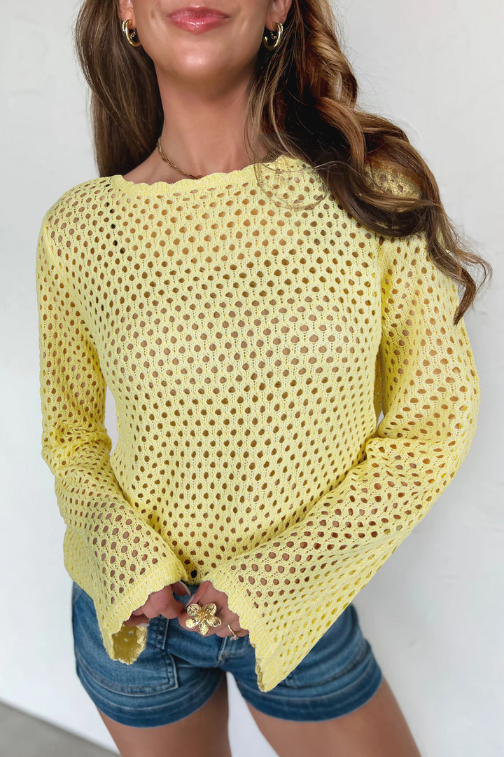 White Scalloped Trim Hollow Out Knit Long Sleeve Top Dear-Lover Dropshipping
