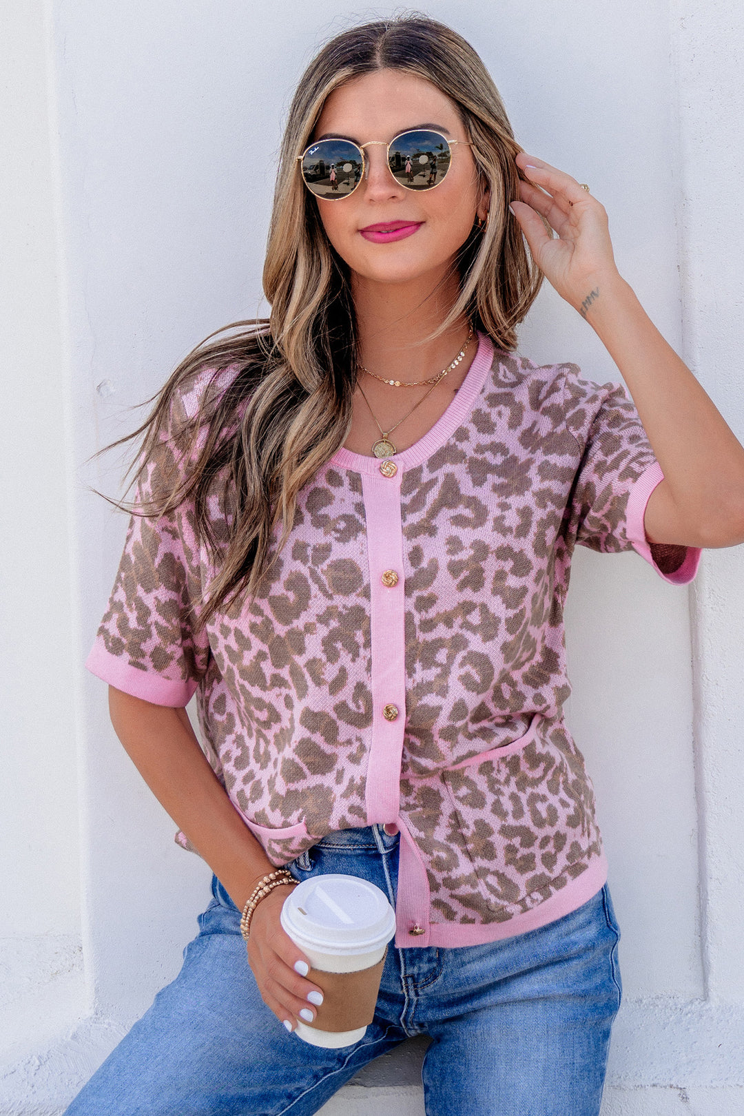 Pink Leopard Button Down Short Sleeve Sweater Cardigan Dear-Lover Dropshipping