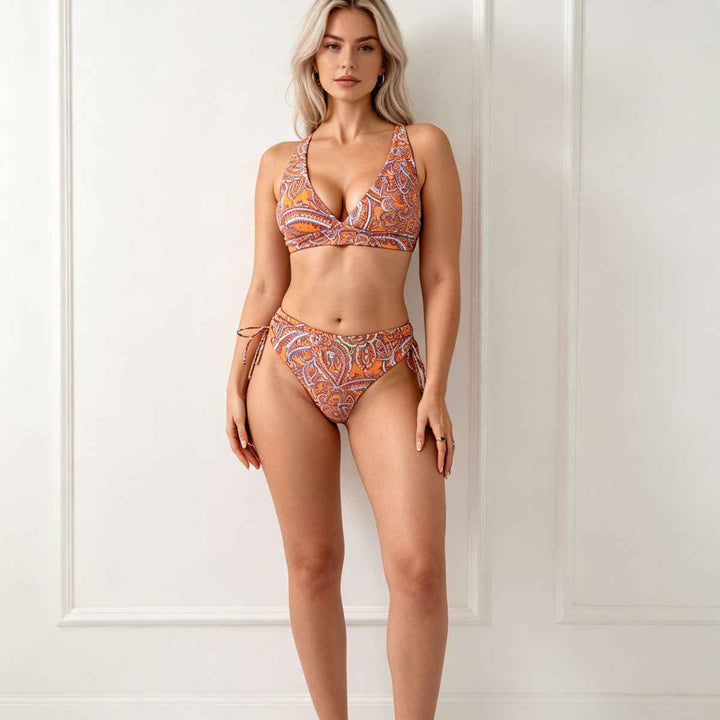 Women's Boho Paisley Print Bikini Set, Plunge V-Neck Top With Adjustable Straps & Side Tie High Waist Bottom, 2 Piece Swimsuit