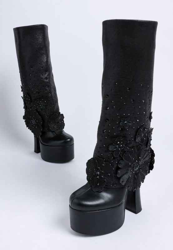 Sundra Floral Applique Platform Heeled Boots
