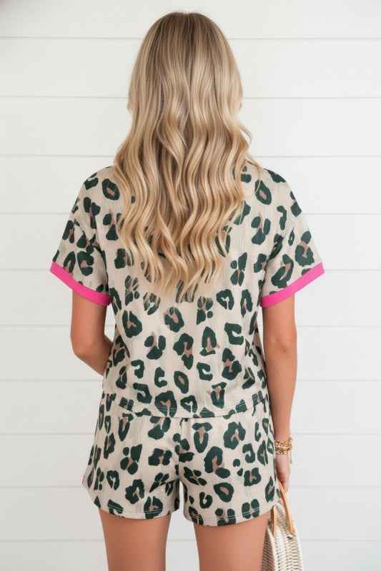 Leopard Contrast Trim Top & High Waist Shorts Set