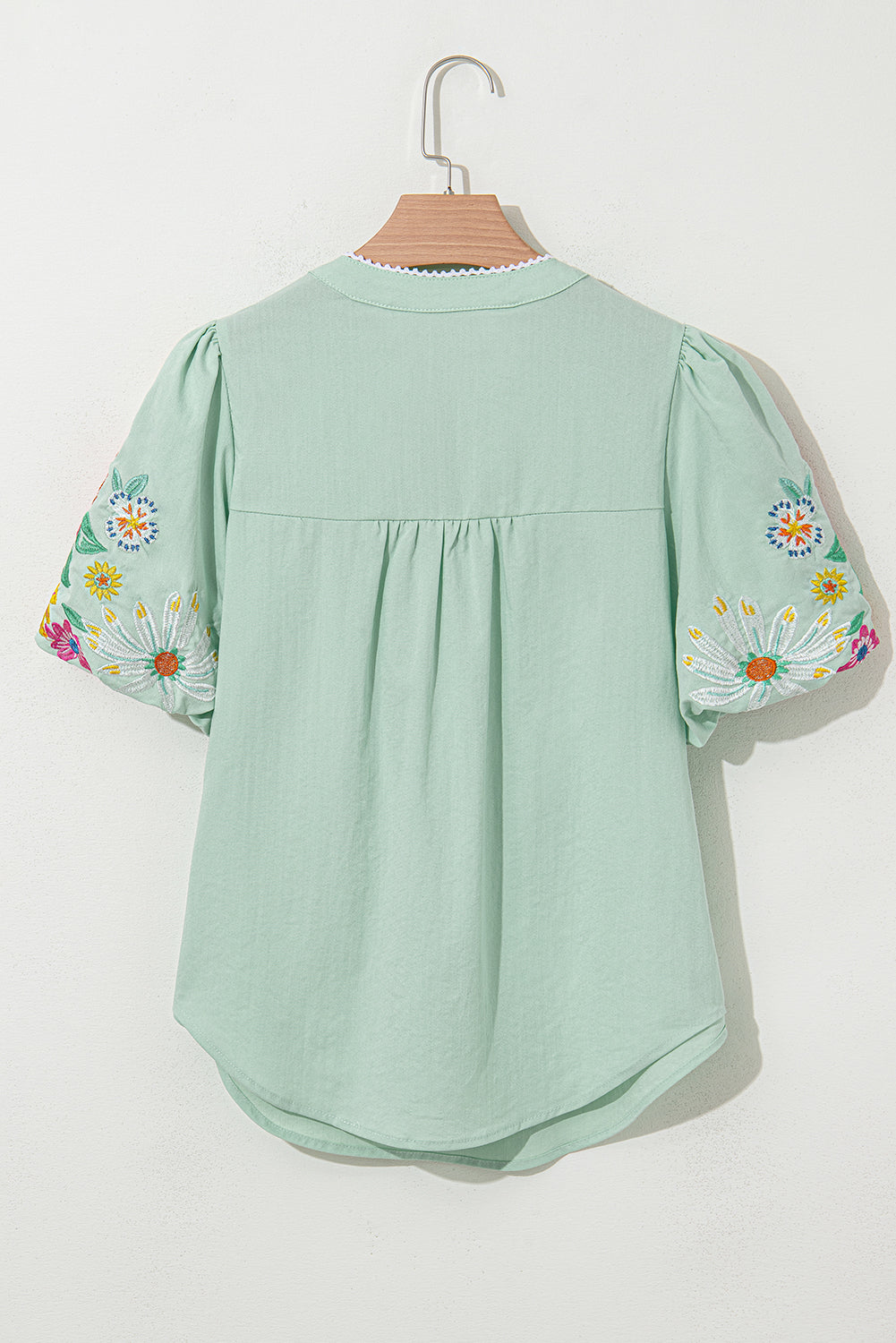 Clearly Aqua Floral Embroidered Puff Sleeve Split Neck Blouse Dear-Lover Dropshipping