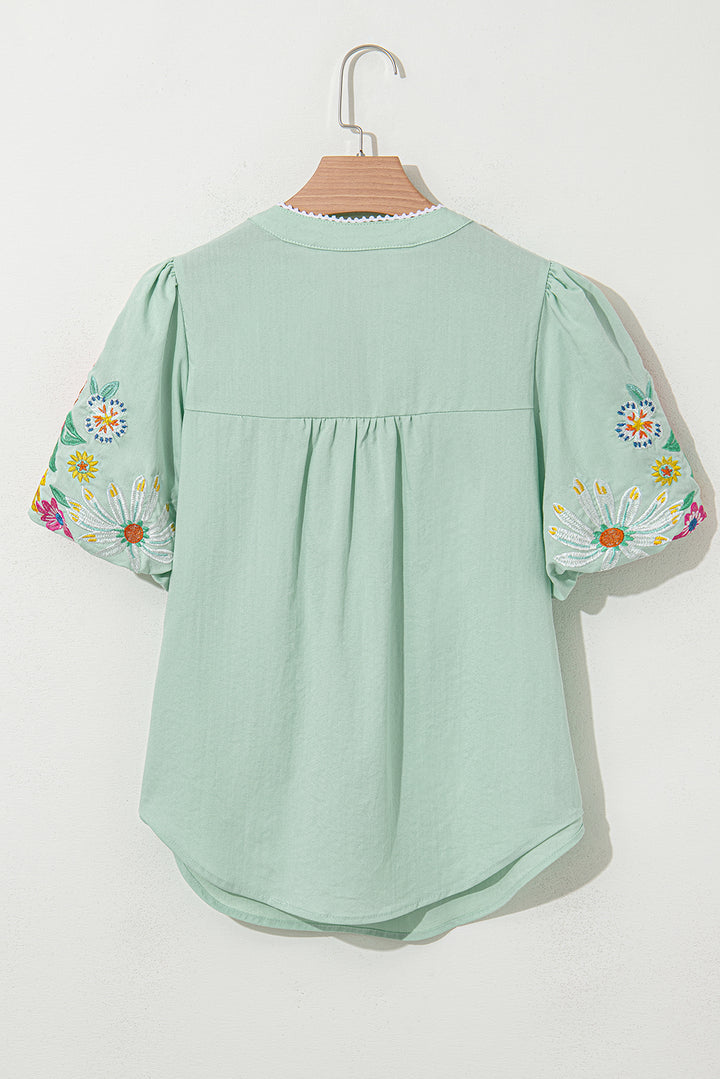 Clearly Aqua Floral Embroidered Puff Sleeve Split Neck Blouse Dear-Lover Dropshipping
