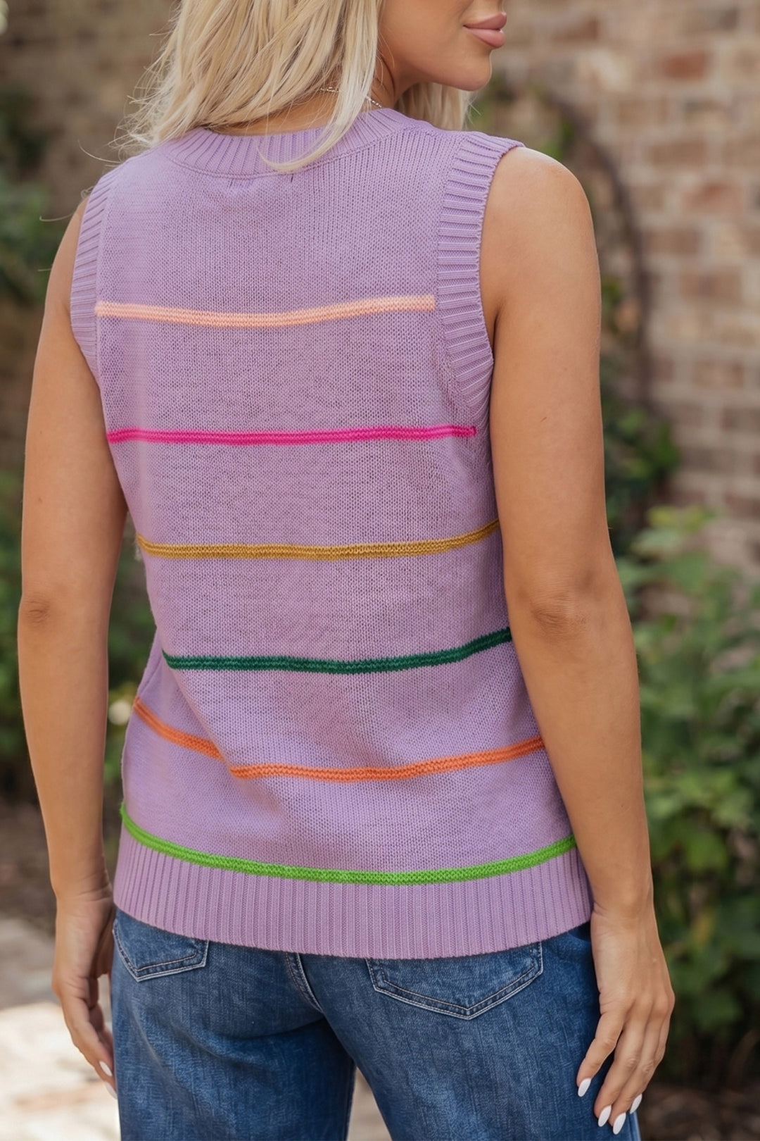 Sky Blue Stripe Round Neck Knitted Sweater Tank Dear-Lover Dropshipping