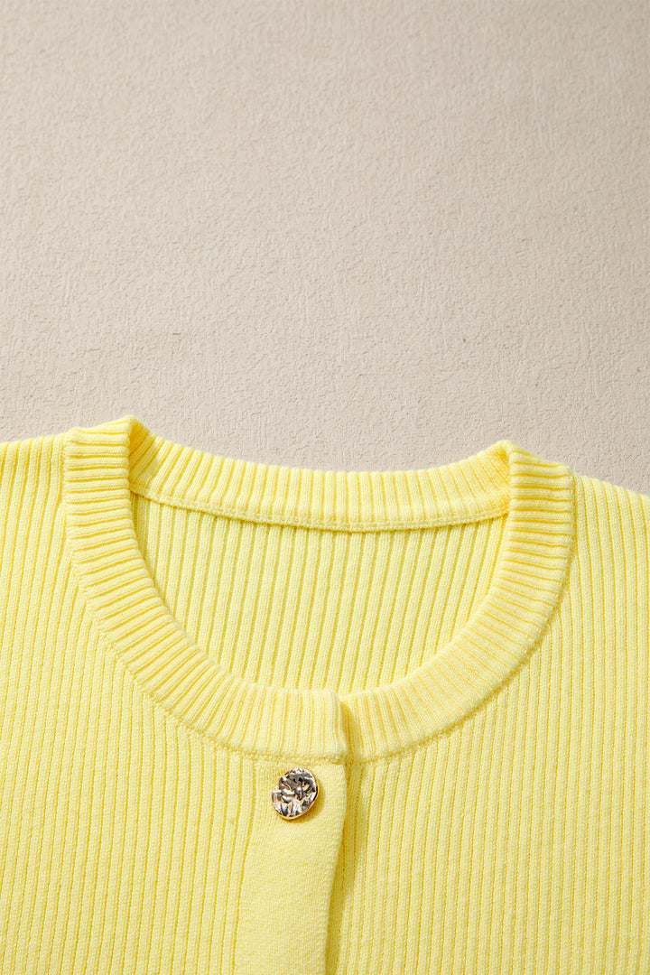 Yellow Cream Ribbed Knit Contrast Frilled Short Sleeve Sweater Cardigan Dear-Lover Dropshipping