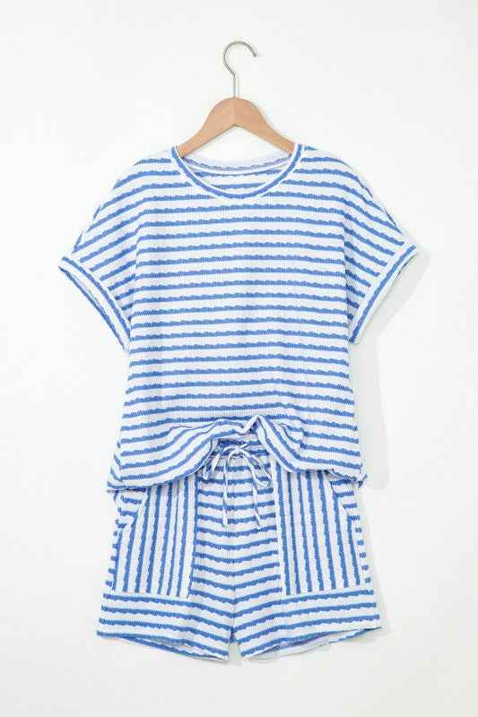 Stripe Knitted Top & Drawstring Shorts Set