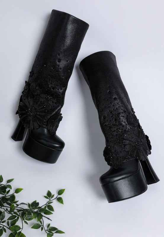 Sundra Floral Applique Platform Heeled Boots