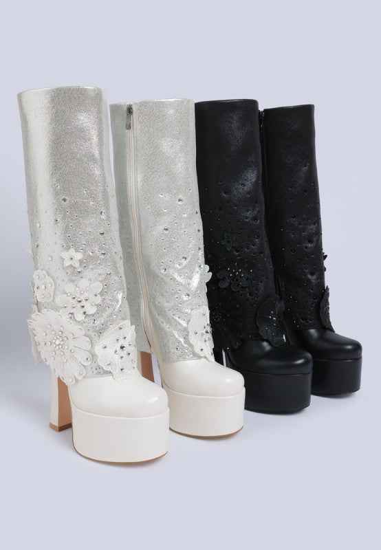 Sundra Floral Applique Platform Heeled Boots