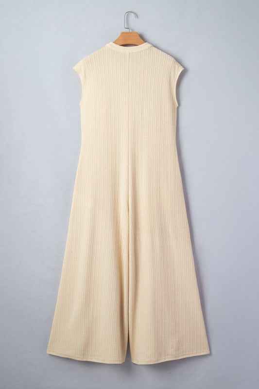 Ribbed Knit Half Buttoned Wide Leg Jumpsuit