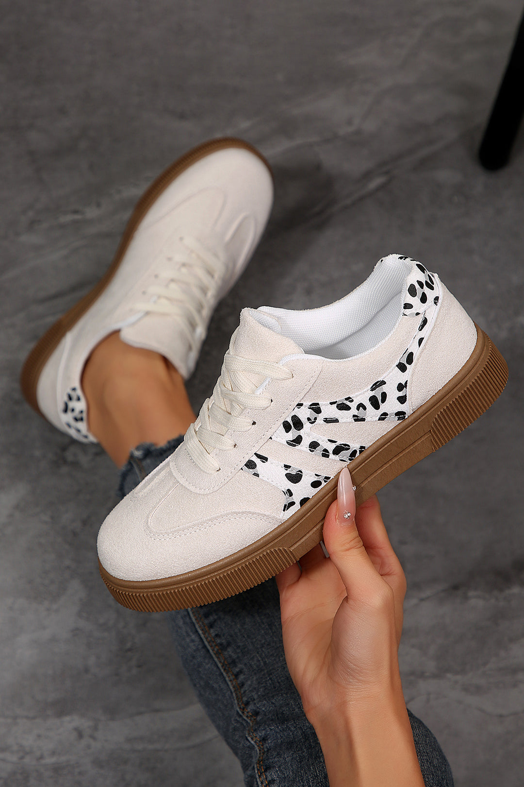 White Suede Leopard Color Block Trim Lace-up Casual Shoes Dear-Lover Dropshipping