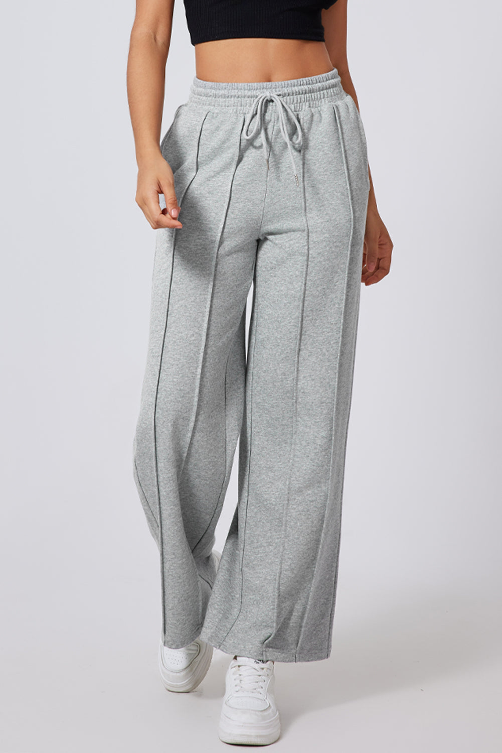 Gray Seamed Drawstring High Waist Wide Leg Sweatpants Dear-Lover Dropshipping