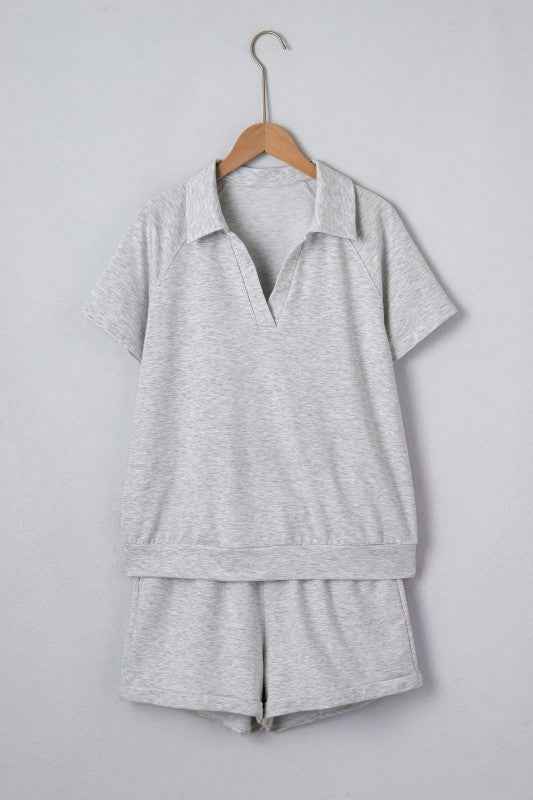 Collared V-Neck Tee & Drawstring Shorts Set