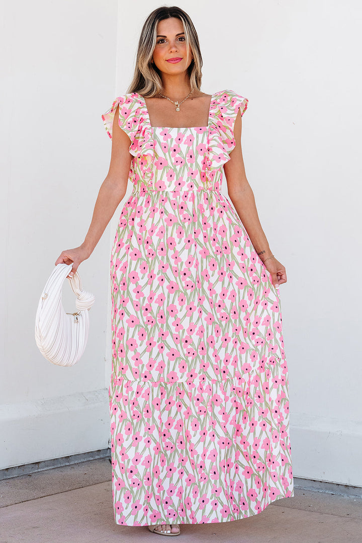Pink Floral Print Square Neck Ruffled Strap Maxi Dress Dear-Lover Dropshipping