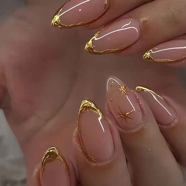 Press on Nails Almond - Gold Line Design 24 Pcs
