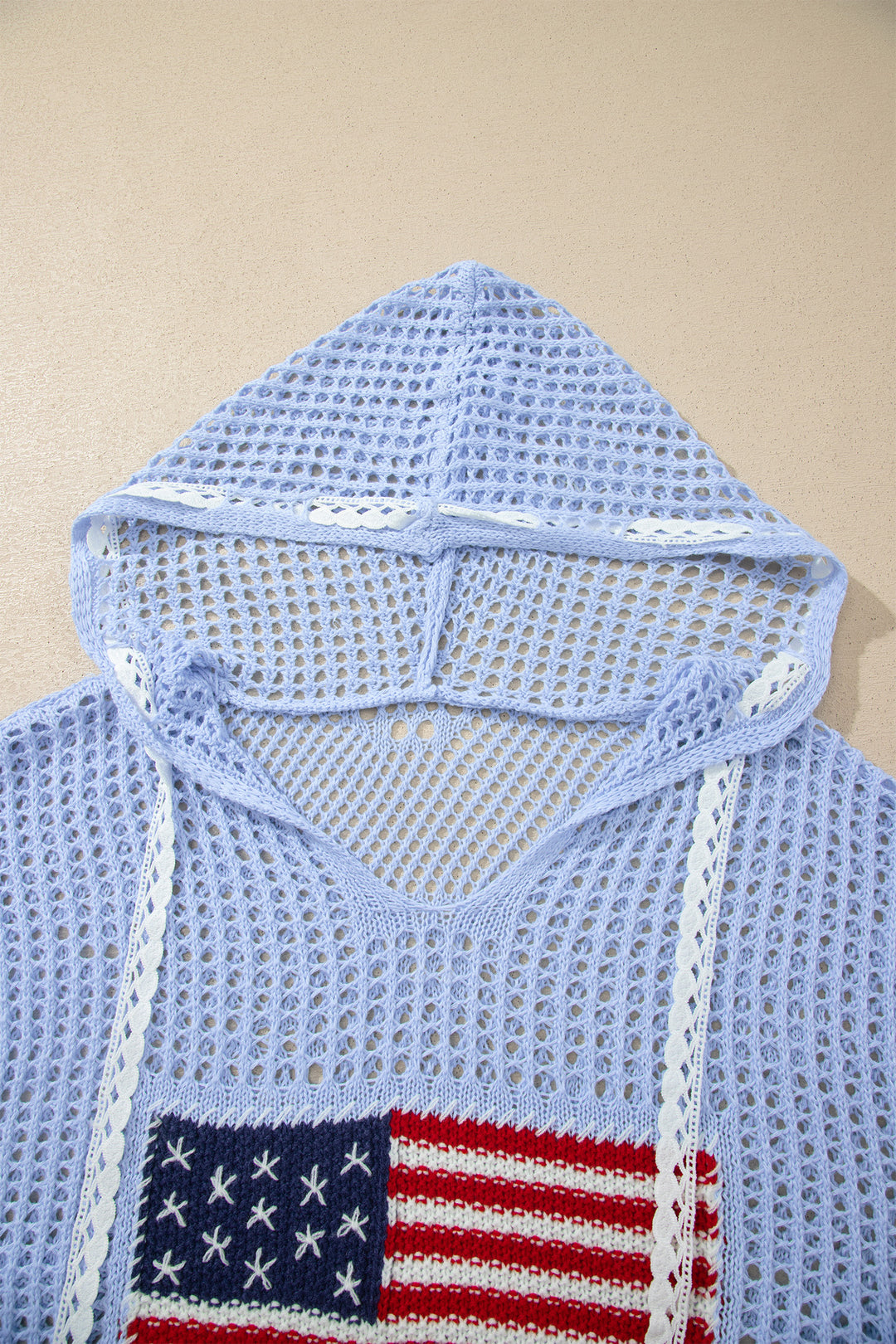 Beau Blue Hollow Out Crochet Knit American Flag Patched Sweater Hoodie Dear-Lover Dropshipping