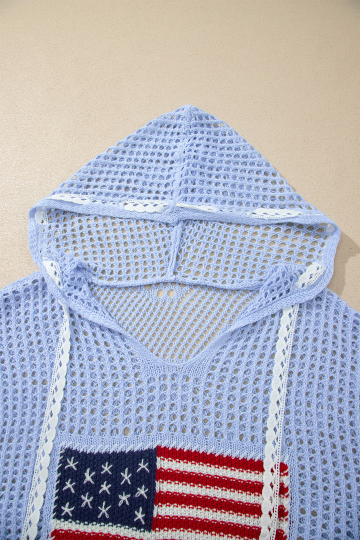 Beau Blue Hollow Out Crochet Knit American Flag Patched Sweater Hoodie Dear-Lover Dropshipping