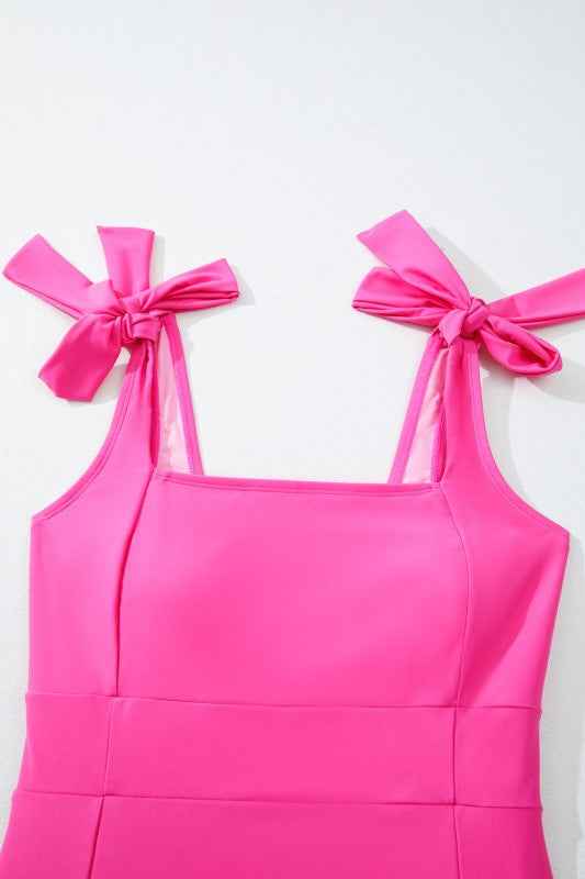 Solid Square Neck Tie Strap Open Back Swimsuit