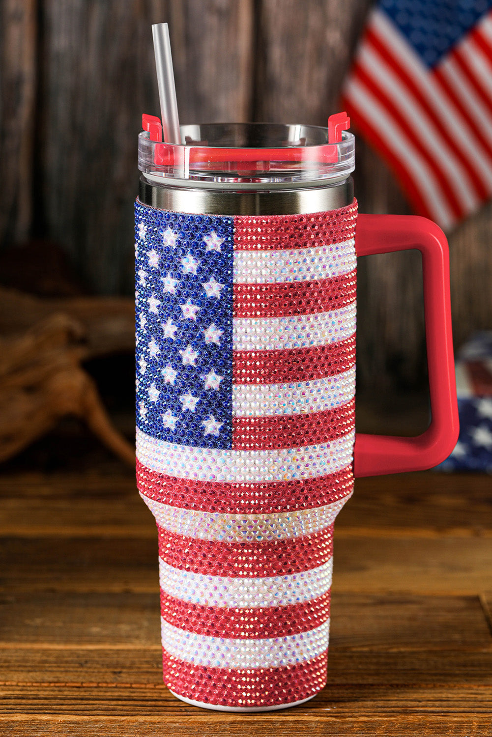Red Rhinestone American Flag Print Handled 40oz Thermos Tumbler Dear-Lover Dropshipping