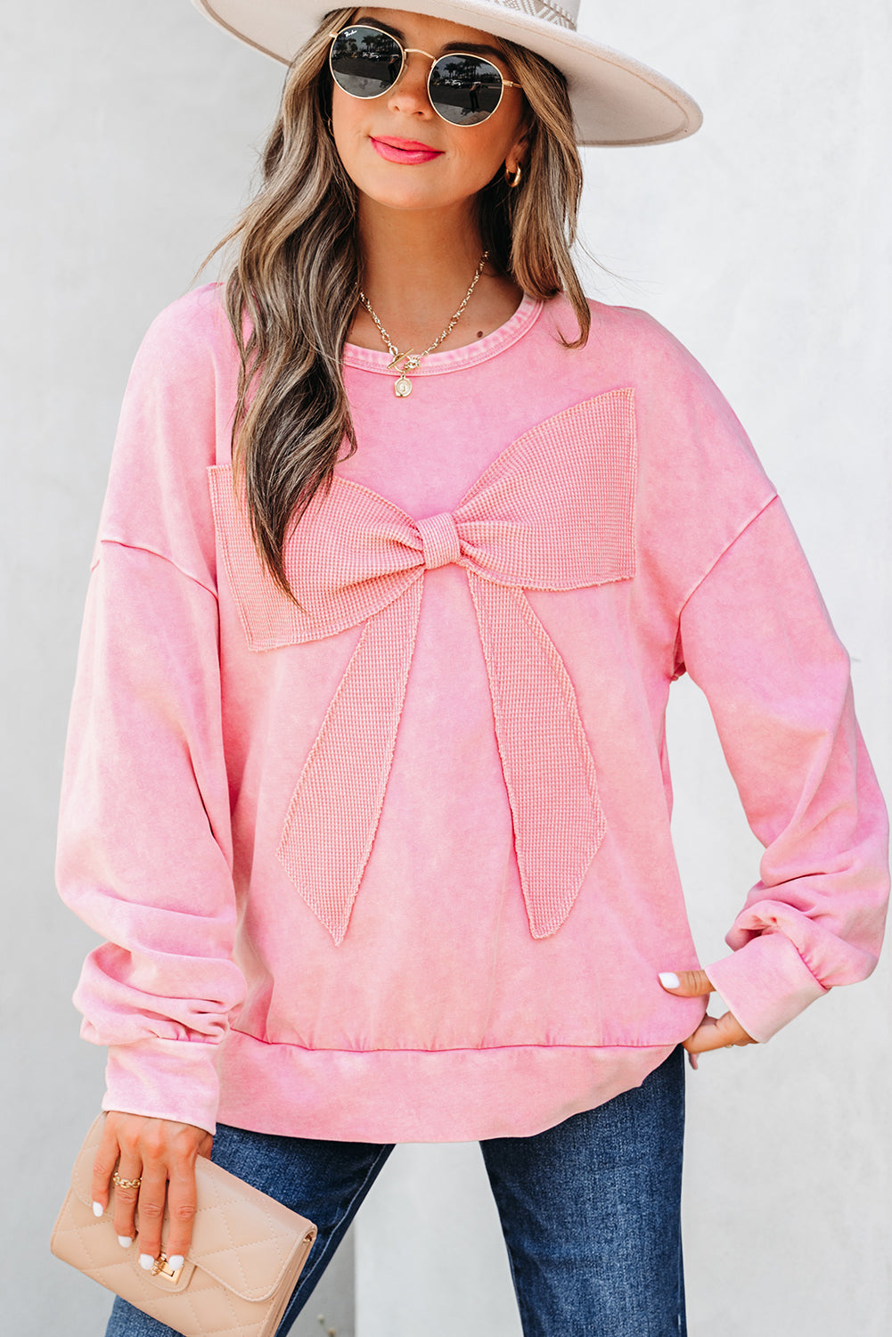 Bright Pink Mineral Wash Big Bow Patchwork Pullover Sweatshirt Dear-Lover Dropshipping