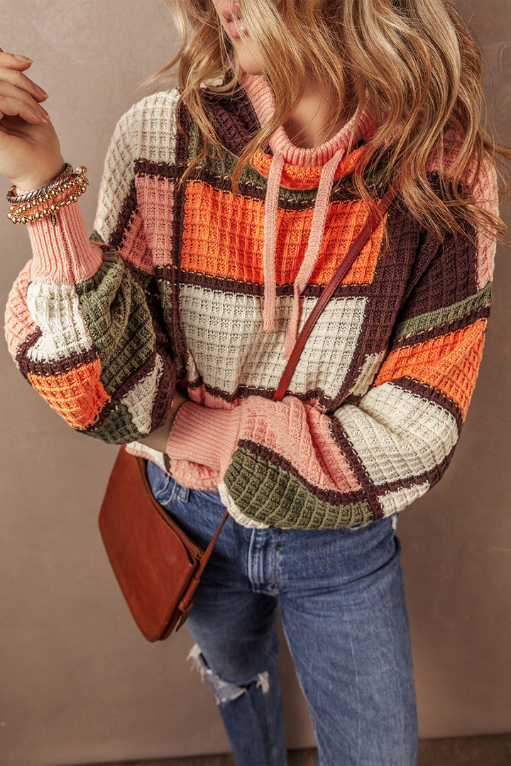 Orange Color Block Waffle Knit Drawstring Mock Neck Sweater Dear-Lover Dropshipping