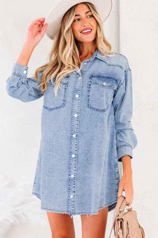 Solid Denim Chest Pocket Raw Hem Shirt Dress