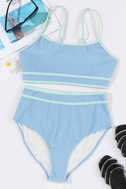 Ribbed Contrast Trim Spaghetti Strap Bikini Set