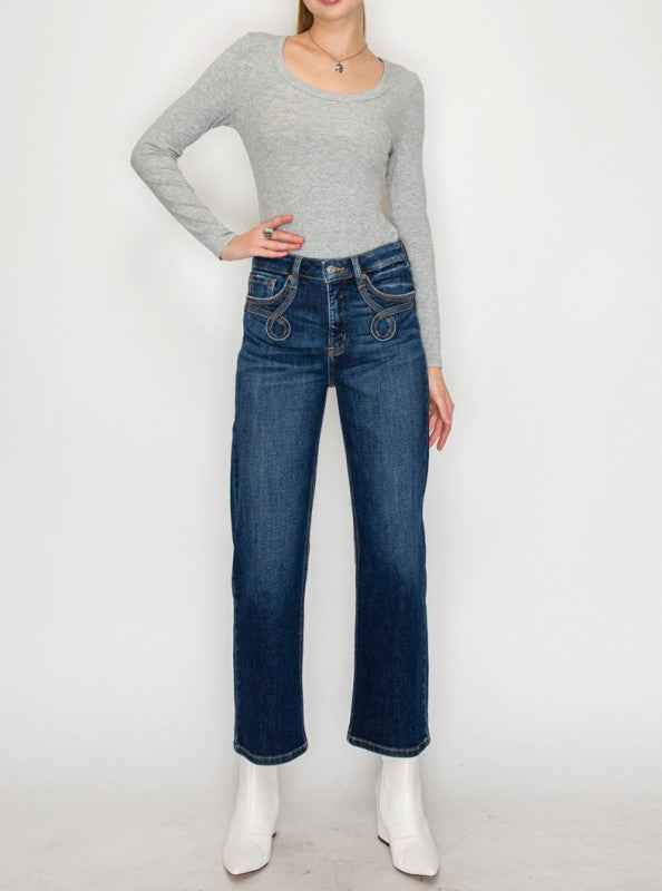 High Rise Ankle Straight Jeans - Western Detail De