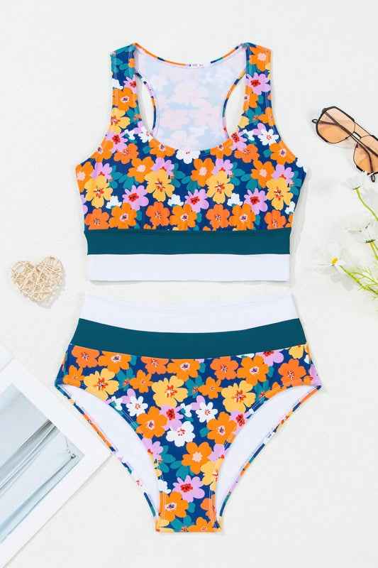 Floral Racerback Cutout High Waist Bikini Set
