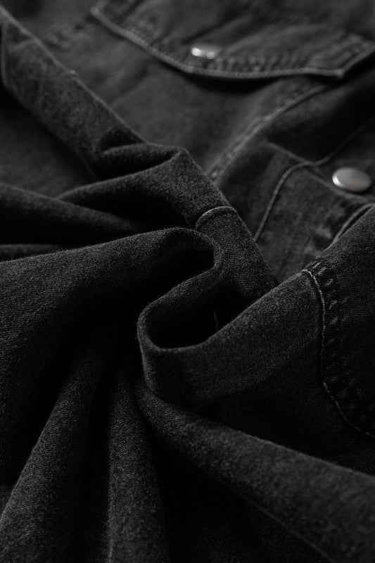 Solid Denim Chest Pocket Raw Hem Shirt Dress