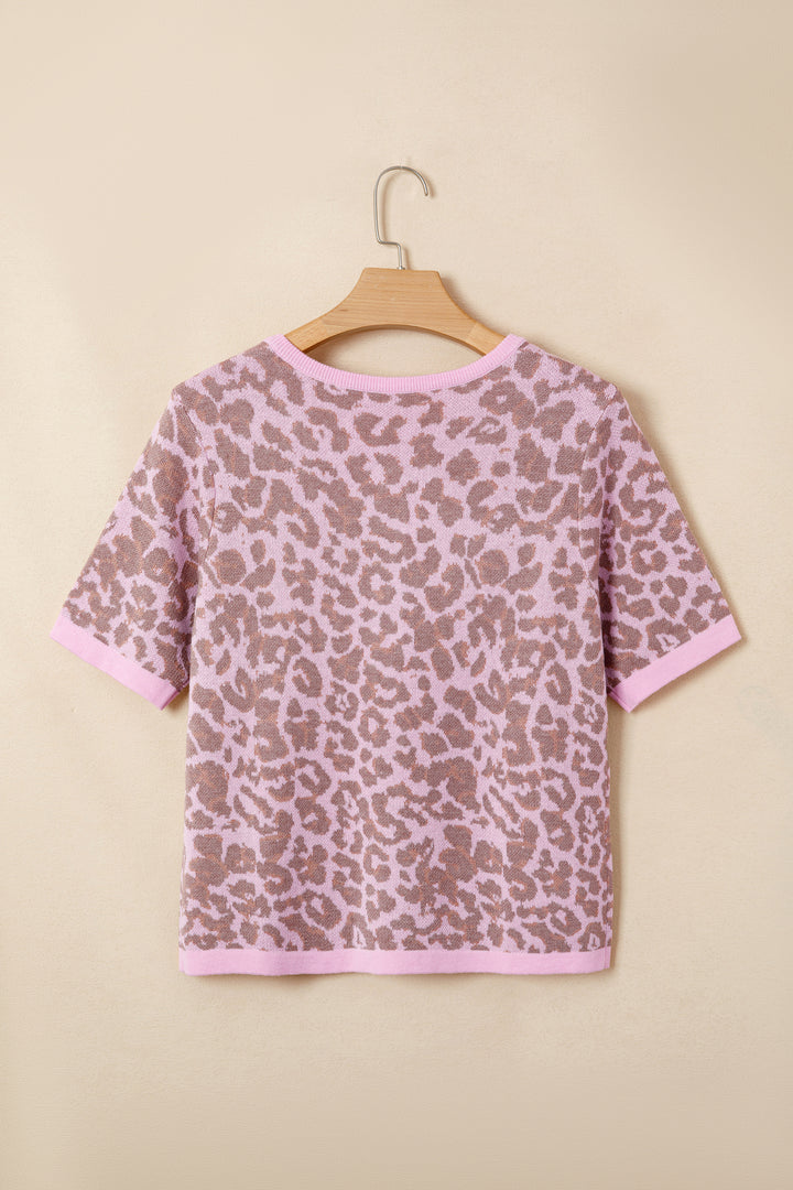Pink Leopard Button Down Short Sleeve Sweater Cardigan Dear-Lover Dropshipping