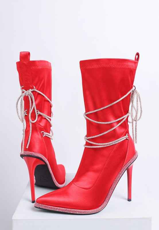 Dacia Rhinestones Strap Satin Calf Boots