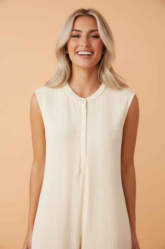 Ribbed Knit Half Buttoned Wide Leg Jumpsuit
