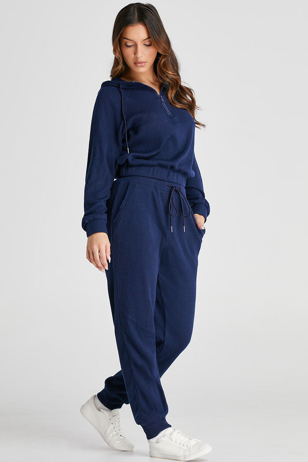 Navy Blue Ribbed Knit Cropped Hoodie and Drawstring Joggers Set Dear-Lover Dropshipping