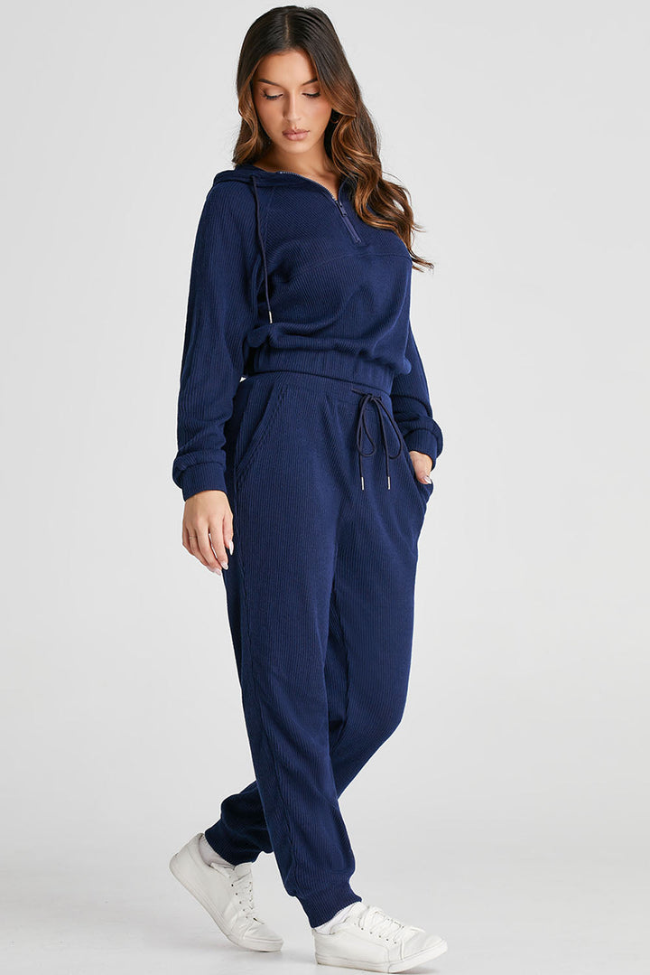 Navy Blue Ribbed Knit Cropped Hoodie and Drawstring Joggers Set Dear-Lover Dropshipping