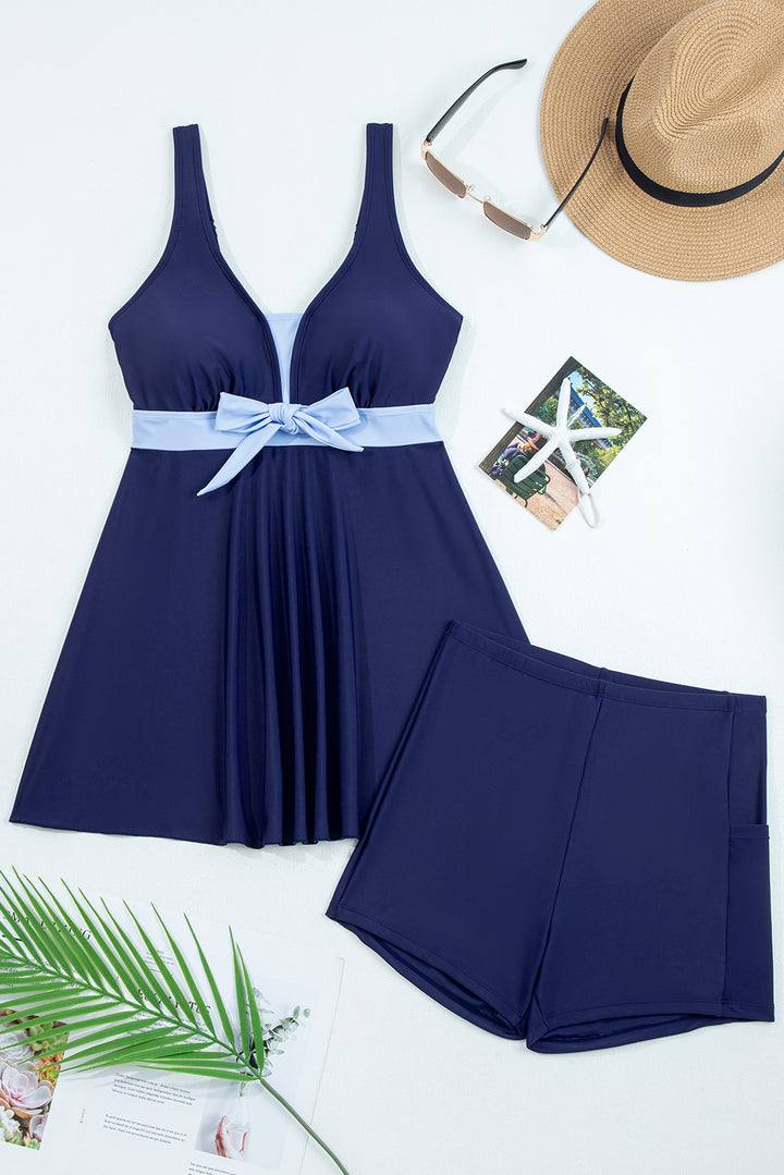 Navy Blue Color Block Patchwork Bow Knot Detail Sleeveless Swim Dress Dear-Lover Dropshipping