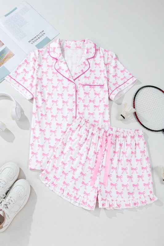 Bow Short Sleeve Top and Shorts Pajama Set