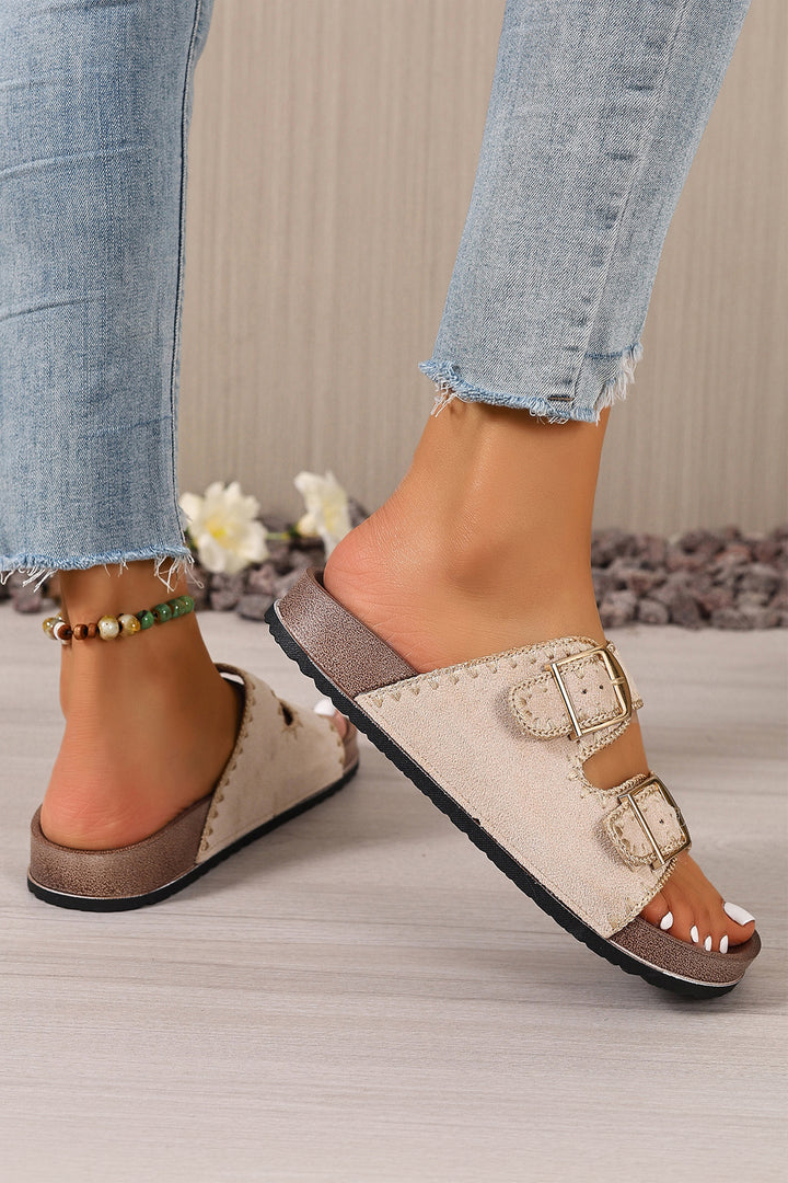 Black Embroidered Trim Retro Buckle Faux Suede Slippers Dear-Lover Dropshipping