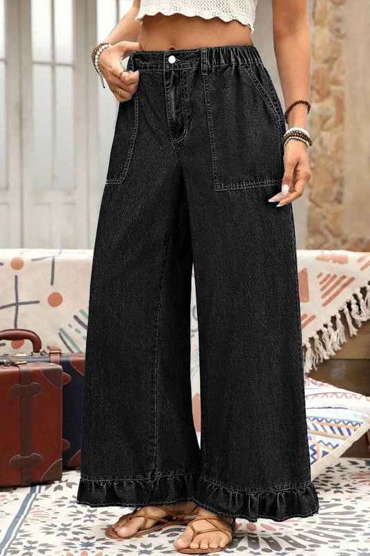 Plus Size Denim Elastic Waist Wide Leg Pants