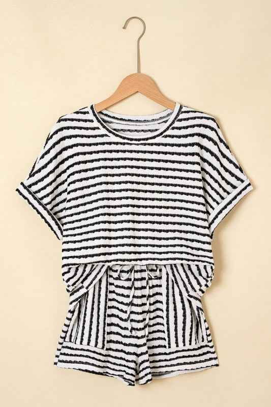 Stripe Knitted Top & Drawstring Shorts Set
