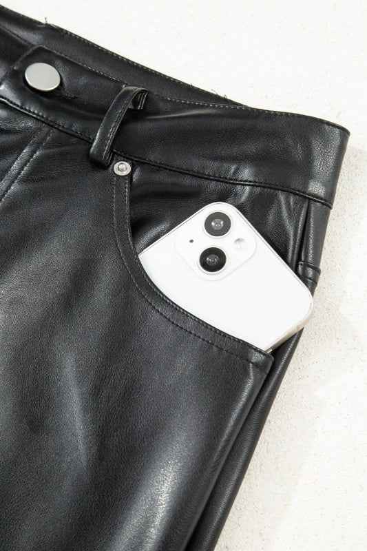 Solid Faux Leather Side Slit Maxi Skirt