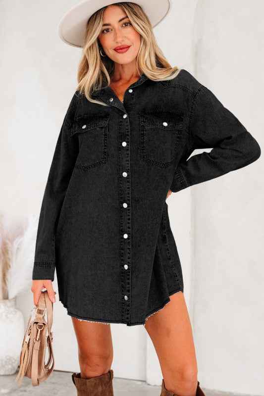 Solid Denim Chest Pocket Raw Hem Shirt Dress