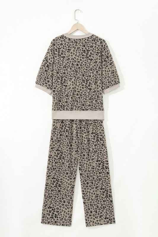 Leopard Textured Short Sleeve Jumper and Pants Set