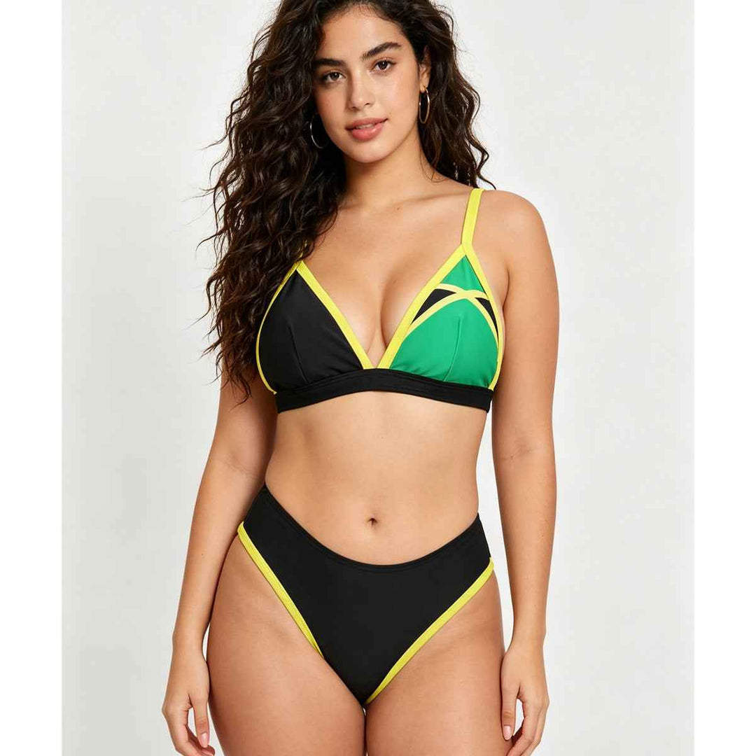 Women's Color Block Triangle Bikini Set, Crisscross Back Top & High Waist Bottom, 2 Piece Sporty Swimsuit