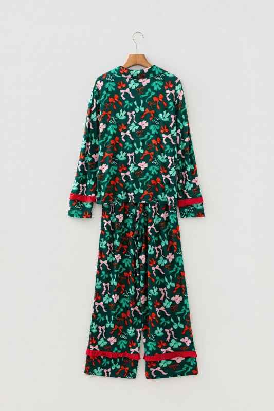 Bow Button-Up Top and Pants Pajama Set