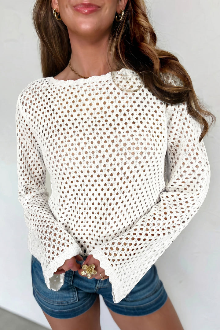 White Scalloped Trim Hollow Out Knit Long Sleeve Top Dear-Lover Dropshipping